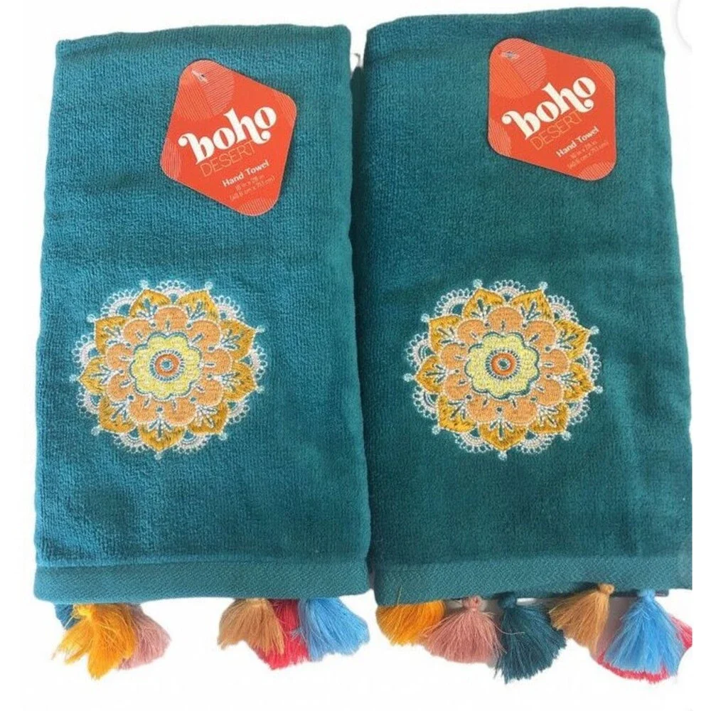 Boho Desert Southwest Hand Towels Embroidered Tassels Native Turquoise Set of 2